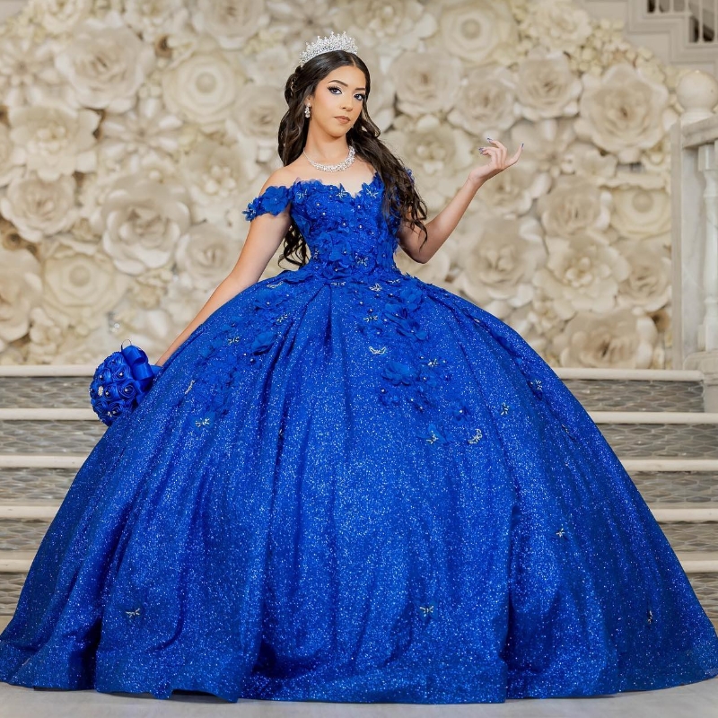 Royal Blue Quinceanera Dresses Ball Gown Off The Shoulder Applique Flower Beading Tull Party Birthday Sweet 16 Dress Vestidos 15 De Anos