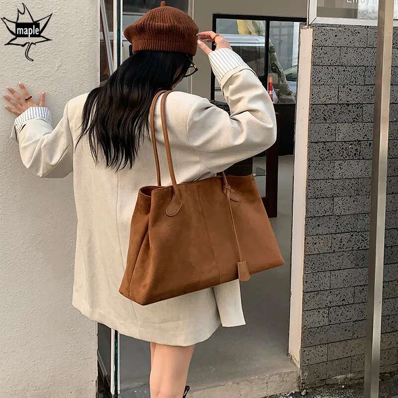 New 2025 Large Capacity Women Tote Deep Coffee Color Matte Cow Leather Suede Female Handbag Change Shape Armpit Bag