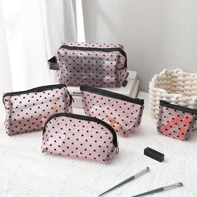 1 piece of transparent purple mesh cosmetic bag heart wave point cosmetic bag simple and portable laundry bag travel storage bag W250109