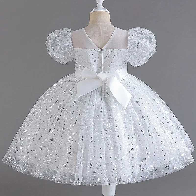 Fashion Solid Color Girls Sequin Dress Lace Mesh Short Sleeve Kids Girl Evening Gown Summer Girls Par Dresses 4-10 YearsXJ250108