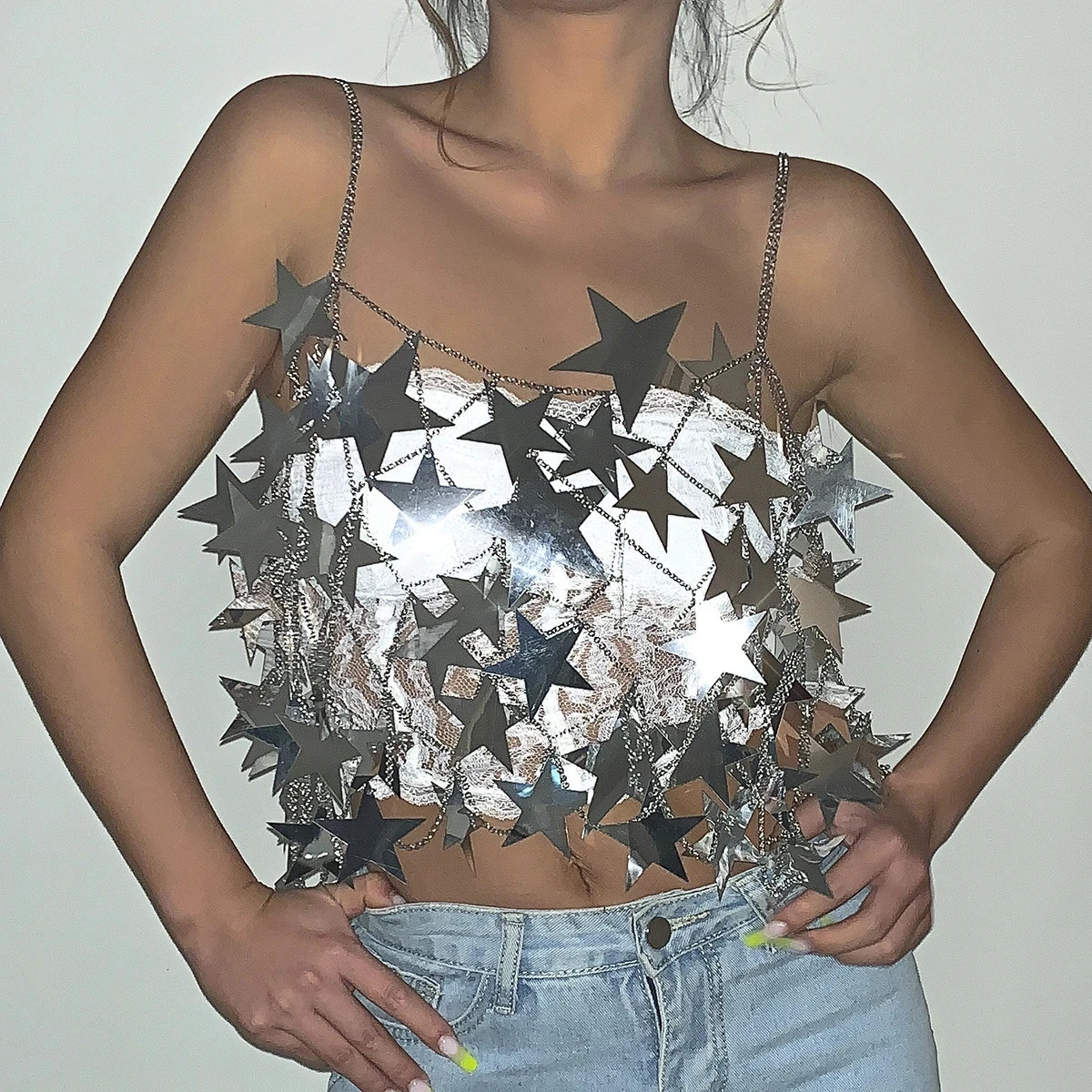IngeSight.Z Unique Big Star Sequins Tassel Mini Top And Skirt Women Sexy Bikini Waist Chain Body Jewelry Festival Rave Outfit 250107
