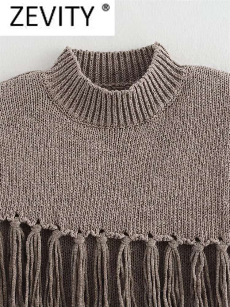 Zevity Women Fashion Sleeveless Cascading Tassel Knitting Vest Sweater Female Chic Stand Collar Waistcoat Pullover Tops Sw7311