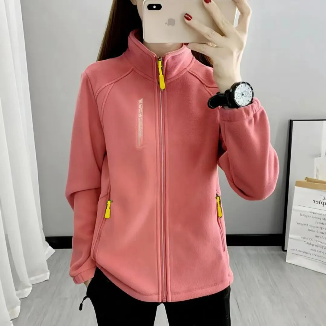 Polar Fleece Jacket for Women Spring Autumn Plush Thick Cardigan Coats Windproof Warm Stand Collar Hiking Thermal Chaqueta Mujer 250109