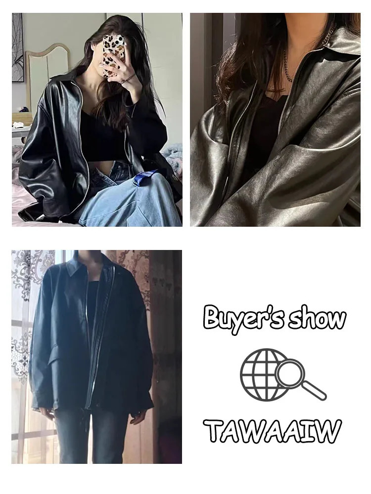 Tawaaiw Streetwear Black PU Leather Coats And Jacket Pocket Long Sleeve Y2K Gothic Autumn Spring Ladies Jackets Outerwear 250103