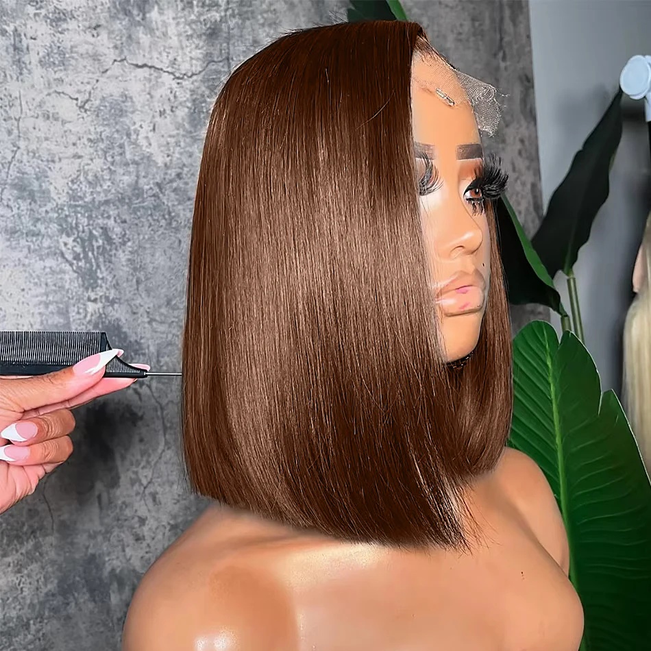 Brazilian Chocolate Brown Bone Straight 13x4 HD Transparent Lace Frontal Human Hair Wigs #2 Colored Short Bob daily Wig For Women