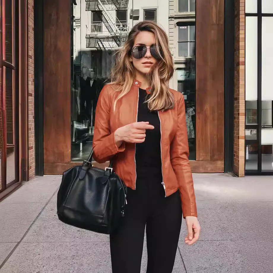 2025 Spring Autumn Womens Leather Jacket Solid Color Zipper Female PU Suit Oneck Casual Outwears 250103