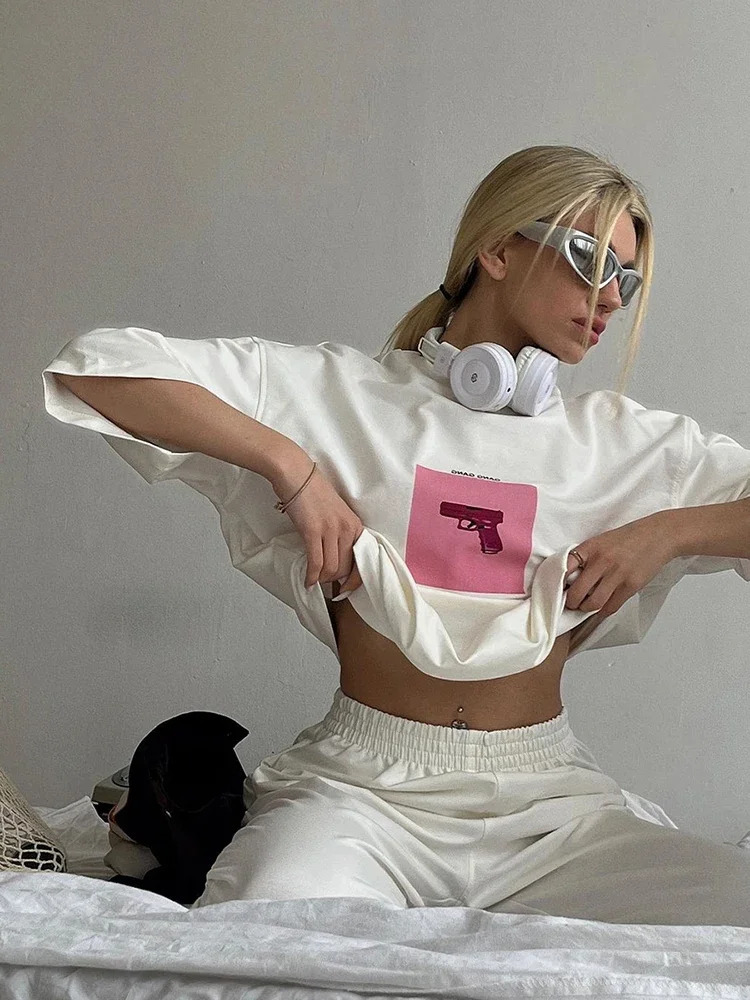 Hirsionsan Oversized Graphic T Shirt Women Summer Cotton Crewneck Short Sleeve Tees Female Casual Loose Higt Street Top 250108