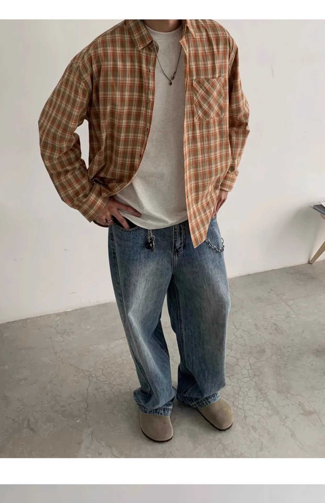 Mens jeans denim wide leg pants floor length pants spliced high waist loose casual straight pockets button pockets autumn and winter M250109