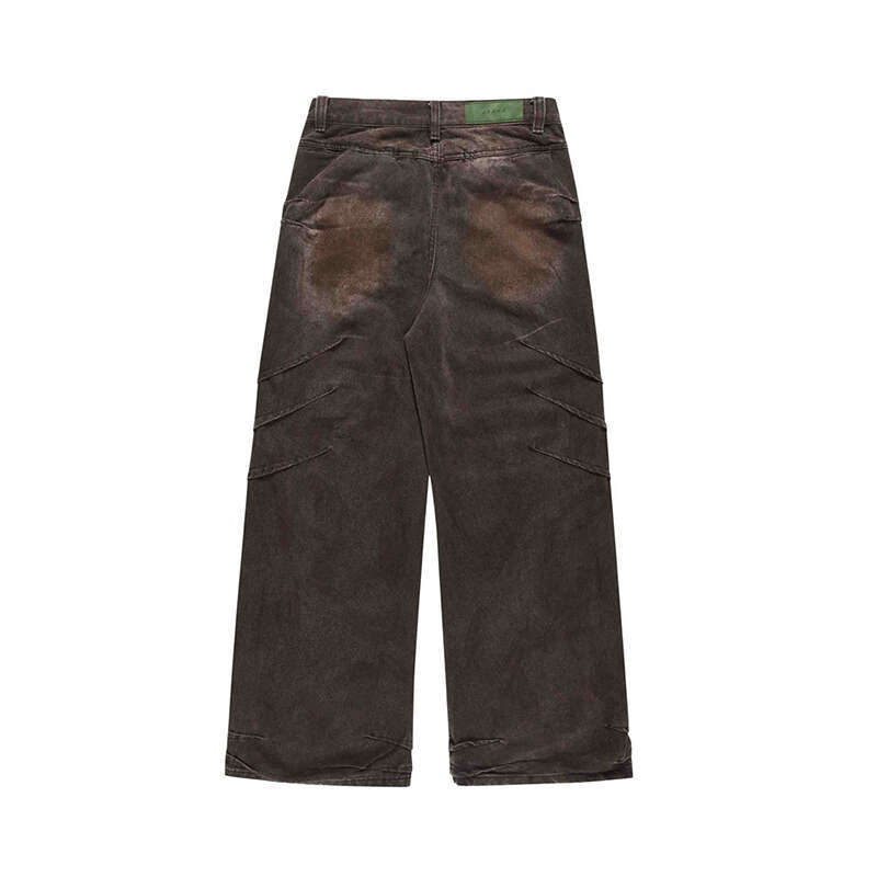 High Street Straight Jeans Pleated Rusty Wornout Design Personalized Wide Leg Denim Pants American Cowboy Trousers