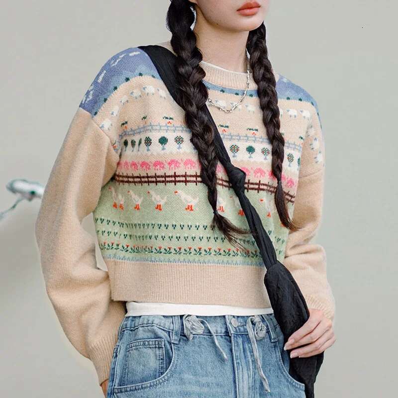 Maden Vintage Sweater With Animal Patterns Round Neck Versatile Pullover For Women's Autumn Winter Fair Isle Knitted Inner Wear