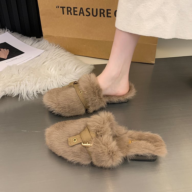 Women Slippers Winter Warm Flat Bottom New Fashion Square Toe Versatile Triple Black Beige Khaki Free shipping