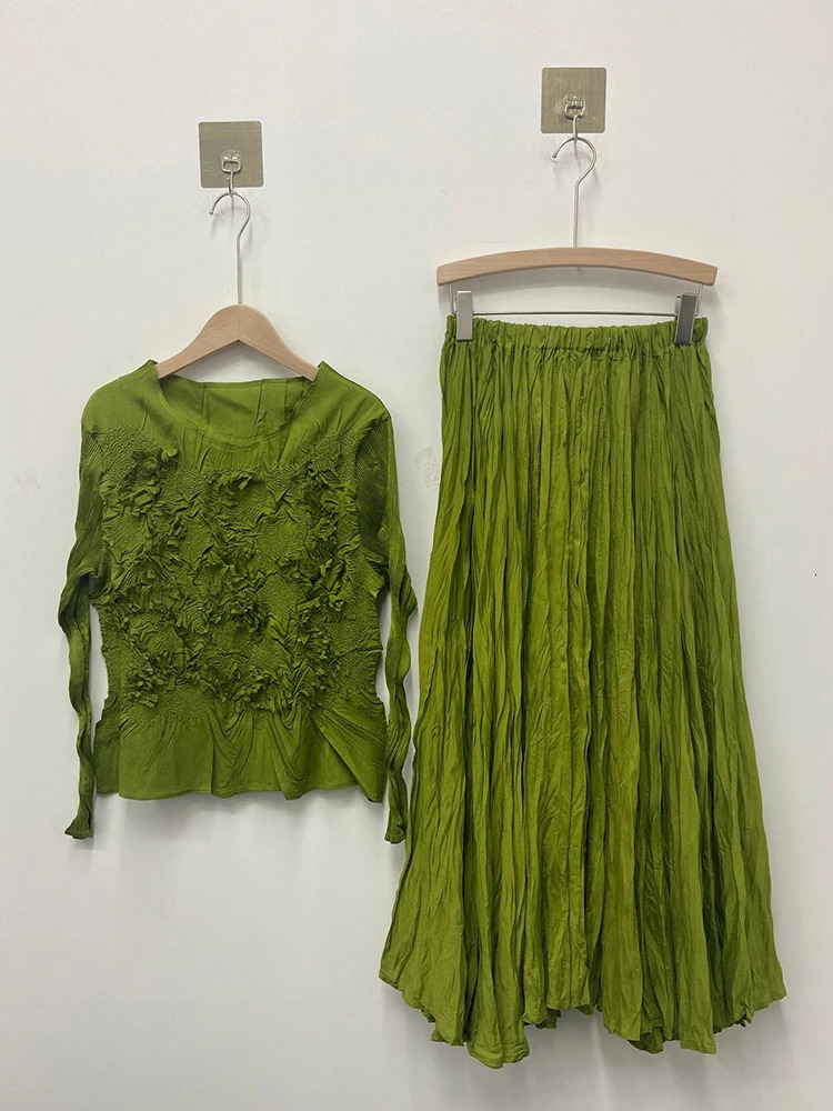 GVUW Pleated 2 Pieces Set Niche n Women Full Sleeve Tops A Line Skirt Loose Solid Color 2025 Lady Sets 17G8434 250109