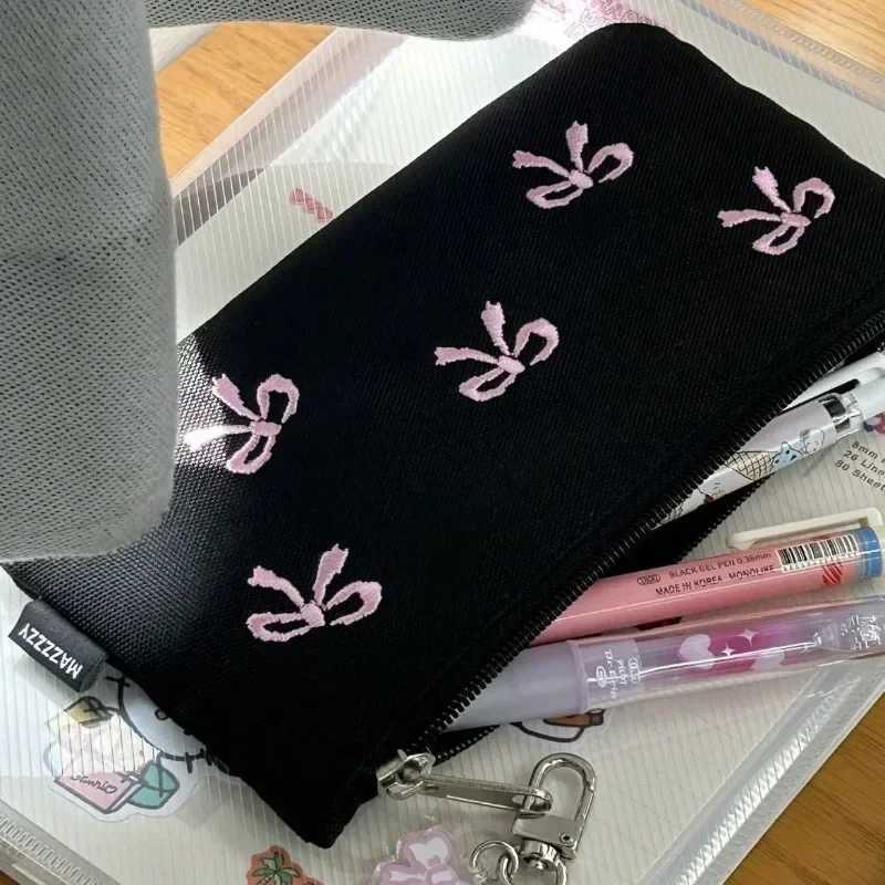 Cute embroidered makeup brush bag on canvas bow shaped square makeup bag cute printed pencil case W250109