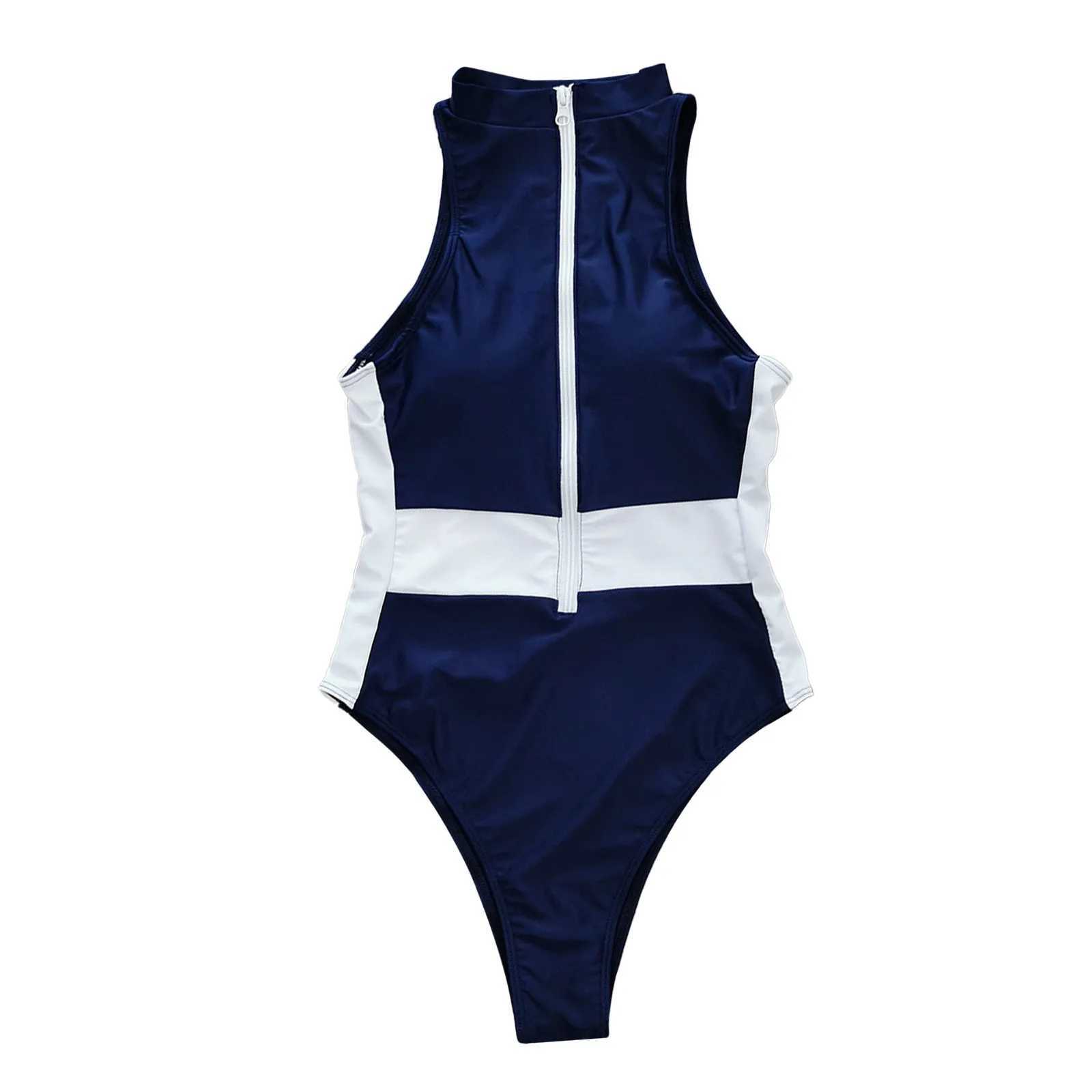 New WomenS One Piec Swimsuit Solid Bikini Sev Swimsuit Zipper Round Neck Surfing Diving One Piece Swimwear XJ240108