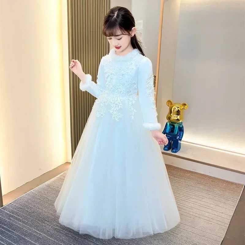 Fashion Children Evening Dresses Mesh Lace Long Sleeve Warm Girls Princess Dress Winter Kids Bridesmaid Dresses 4-14 YearsXJ250108
