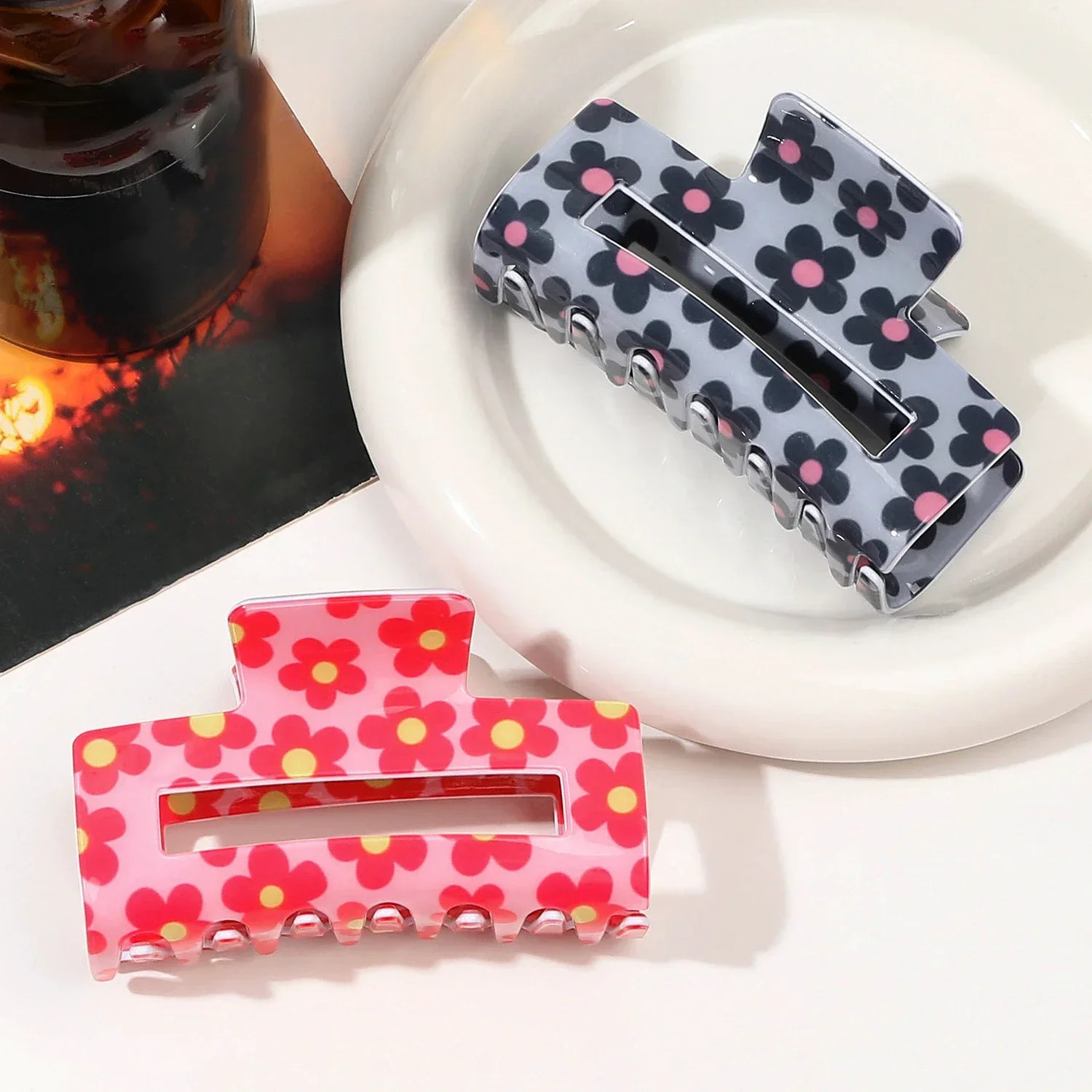 8.5cm Flower Printed Square Hair Clip Fashionable Simple Hairpin for Womens Back of Head Shark Clip Holiday Headdress Gift 250103