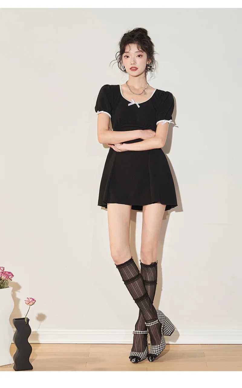 Wisuwore Conservative Skirt Split Flat Ang Swimsuit Women Thin Belly Fresh High Collar Short Seve Student Hot Spring SuitXJ240108