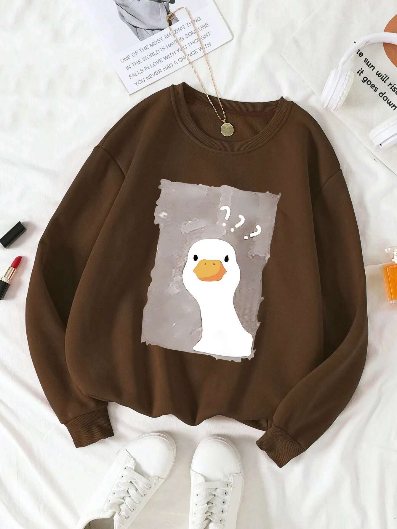 Women's Printed Warm Round Neck Loose Fitting Pullover With Long Sleeves And V-shaped Fashion Designer Sportswear