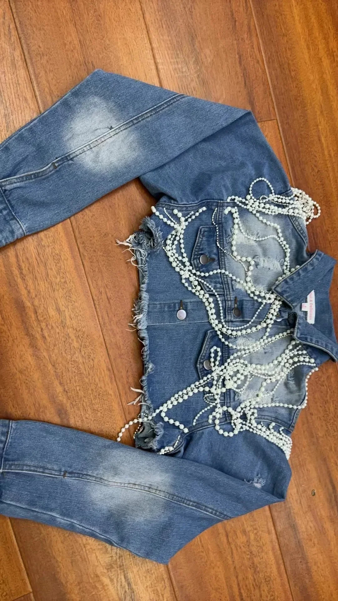 CMYAYA Pearl chain Long Sleeve Women Denim Jackets Turndown Collar Ripped out Coat Single Breasted Street INS Tops 250109