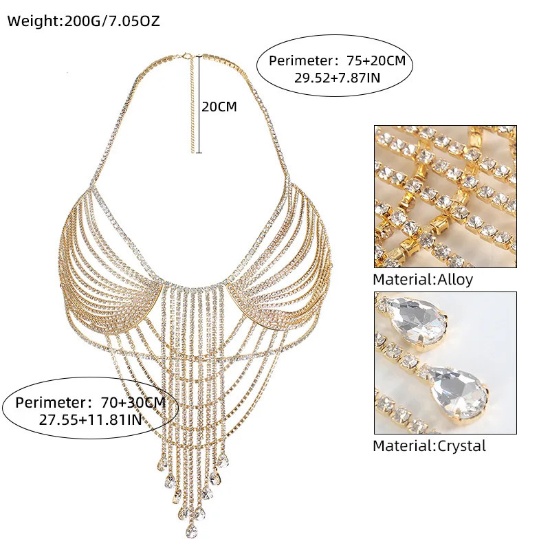Light Multilayer Hollow Out Water Droplet Tassels Rhinestone Chest Chain Nightclub Body Chain 250107