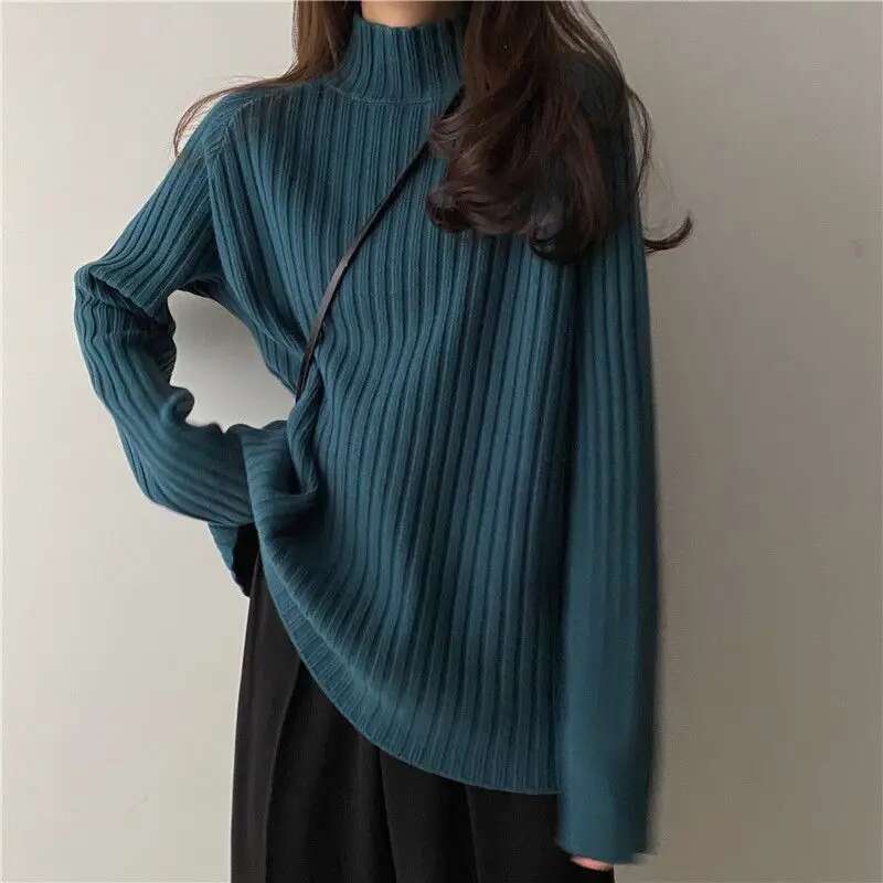 Half Turtleneck Sweater For Women Autumn Winter Korean Style Loose Bottoming Shirt Thickened Versatile Black Long-Sleeved Top
