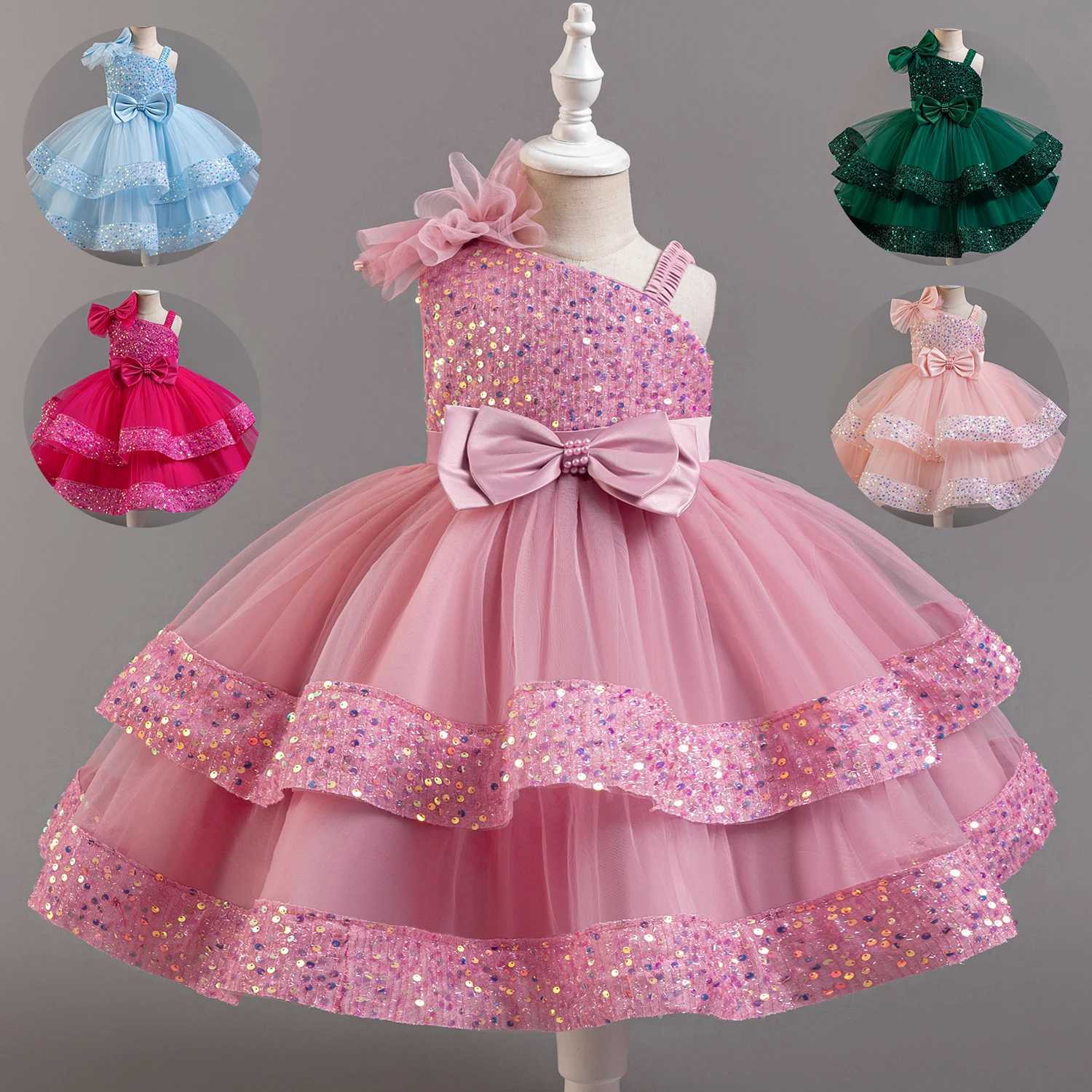 Girls Beaded Bow Tie Sequin Mesh Childrens Sleeveless Evening Dress School Graduation Par Multi Layered DressXJ250108