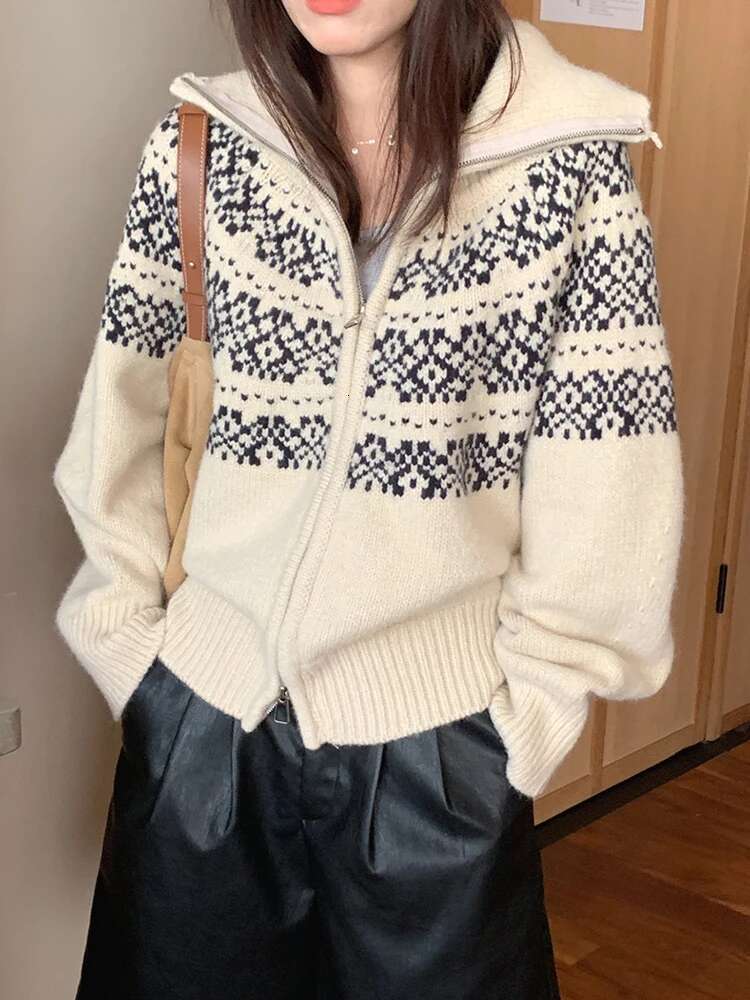 Vintage Womens Cardigans Casual Long Sleeve Chunky Fall Winter Button Down Fair Isle Cardigan Sweaters Zipper Knit Tops