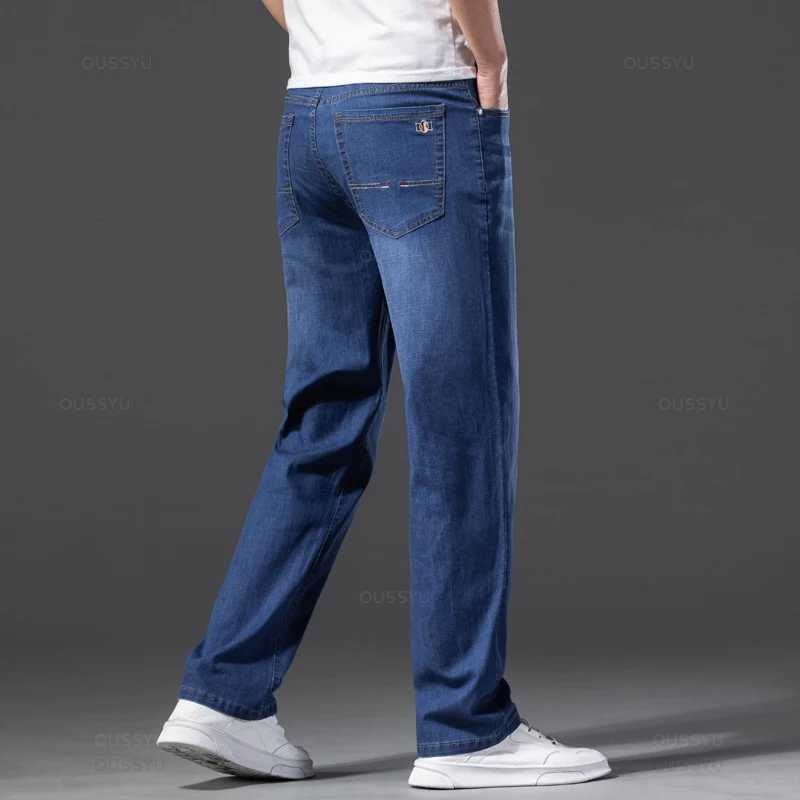 Men Jeans Classic Summer Lyocell Cotton Straight Stretch Brand Denim Pants Overalls Light Blue Fit Trouser Plus Size 40 42 M250610