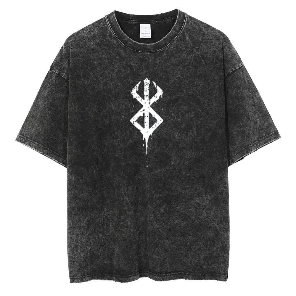 Men Washed Vintage Black Cotton T Shirt Japanese Anime Graph