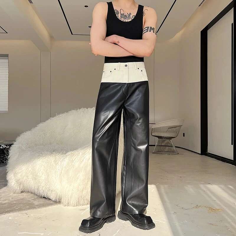 Trendy Color Contrast Splicing Leather Pants Men Niche Design Casual Straight Fashion Elegant Loose Trousers