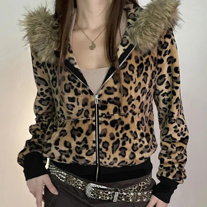 Women's Jackets Y2k Autumn Winter American Style Vintage Women High Street Jacket Hooded Fur Collar LEOPARD Chaquetas Zipper Design Sense