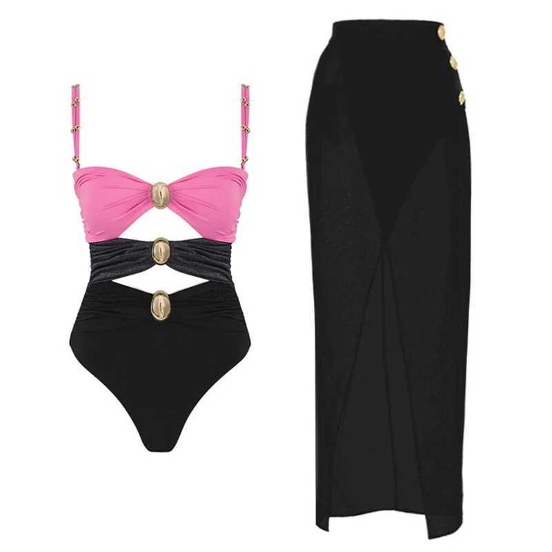 Hollowen One Piece Swimsuit With Cover Up Sexy Swimwear Women Off Shoulder Swim Suits Patchwork Bathsuit Belt Bodysuit BeachwearXJ240108