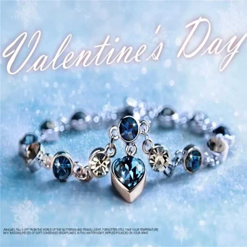 Women Silver Color Lucky Bracelet Female Blue Crystal Heart Charm Pulseras Bracelet Bridal Wedding Engagement Fine Jewelry GiftXJ250109