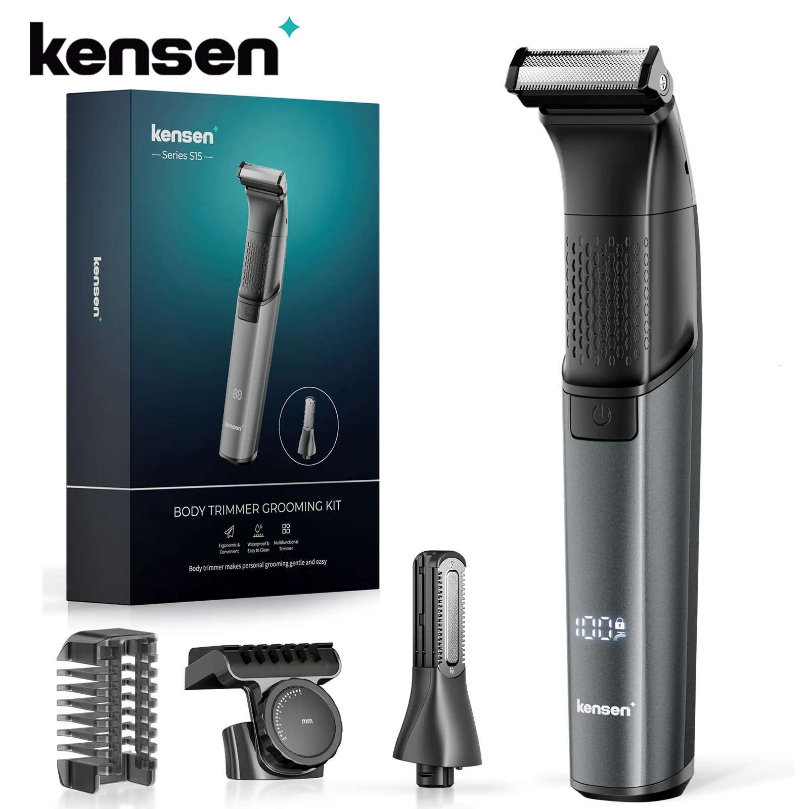 KENSEN S15 Electric Tirmmer Men Dual-sided Blade IPX6 Waterproof Body Hair Razor Beard Trimmer 2 in 1 T Trimmers for Barber