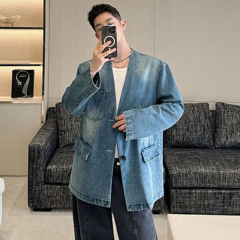 Autumn Versatile Loose Elegant Washed Casual Denim Blazer Coat Men's High Street Fashion Original Jacket New