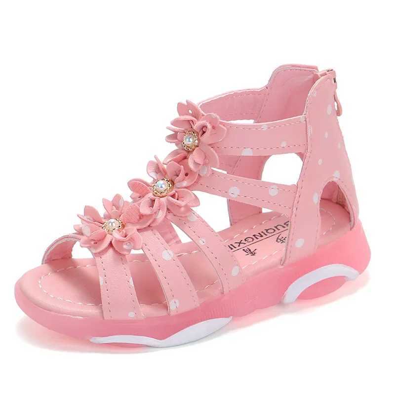Cute Girl Beach Sandals Flower Pearl Dot Childrens Roman Gladiator Zipper Princess Shoes Soft Leather Sweet Flat 21-36 W250108