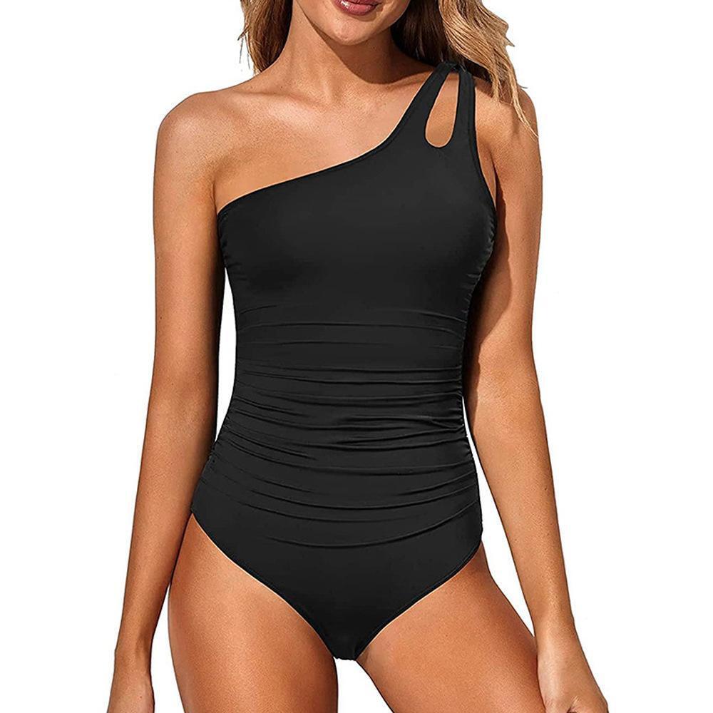 2025 new one shoulder women's tight fitting swimsuit designer sexy solid color backless trendy swimsuit