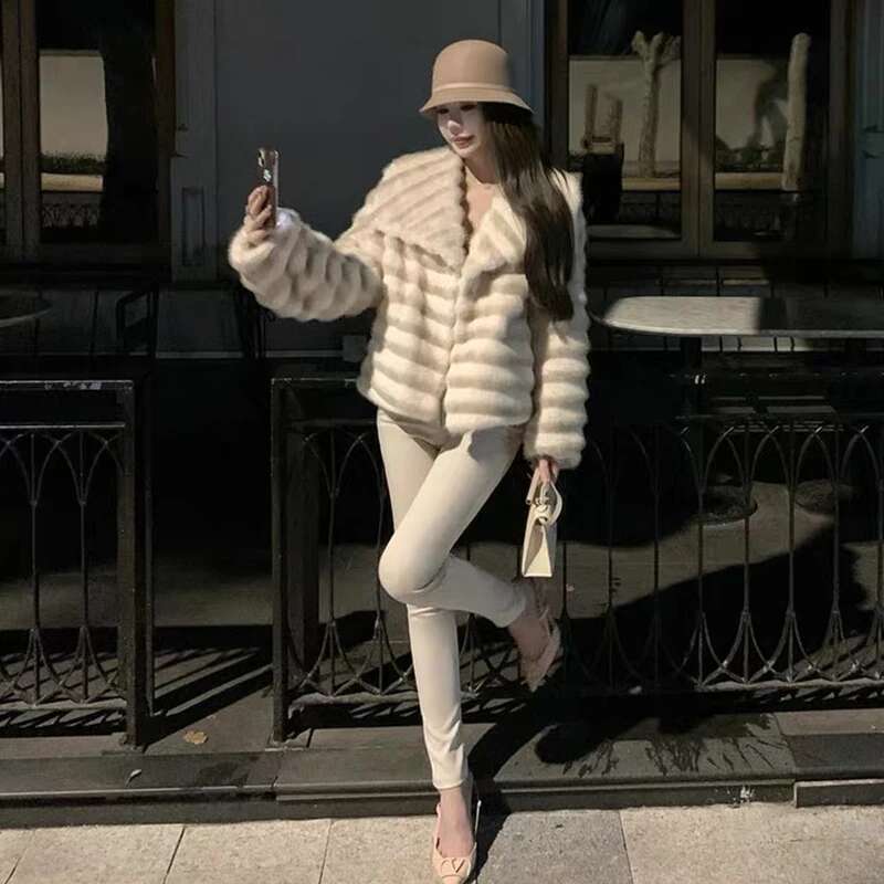 Winter New Plush Imitation Coats Womens Fashion Faux Fur Lapel Long Sleeve Warm Thickened Jacket