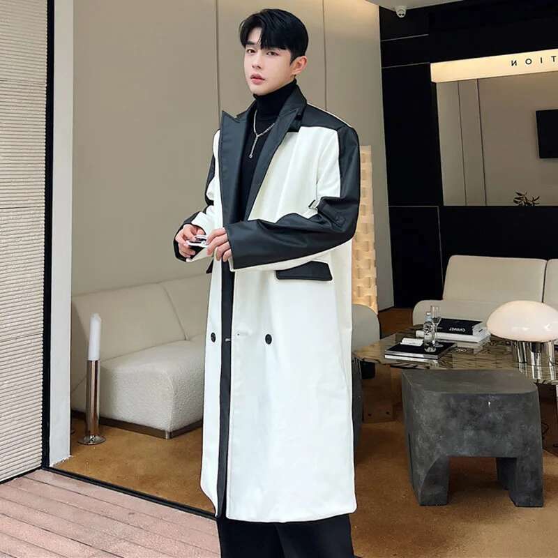 Korean Stylish Long Windbreaker Coat Men's Autumn Color Contrast Splicing Design Trendy Original Leather Outerwear C98683