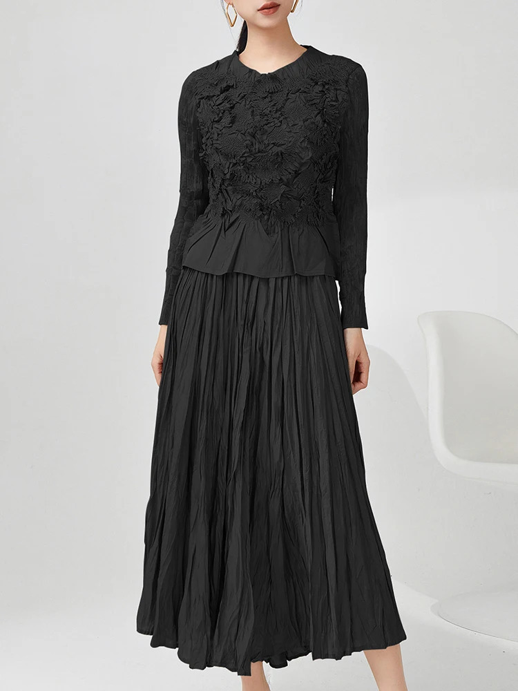 GVUW Pleated 2 Pieces Set Niche n Women Full Sleeve Tops A Line Skirt Loose Solid Color 2025 Lady Sets 17G8434 250109