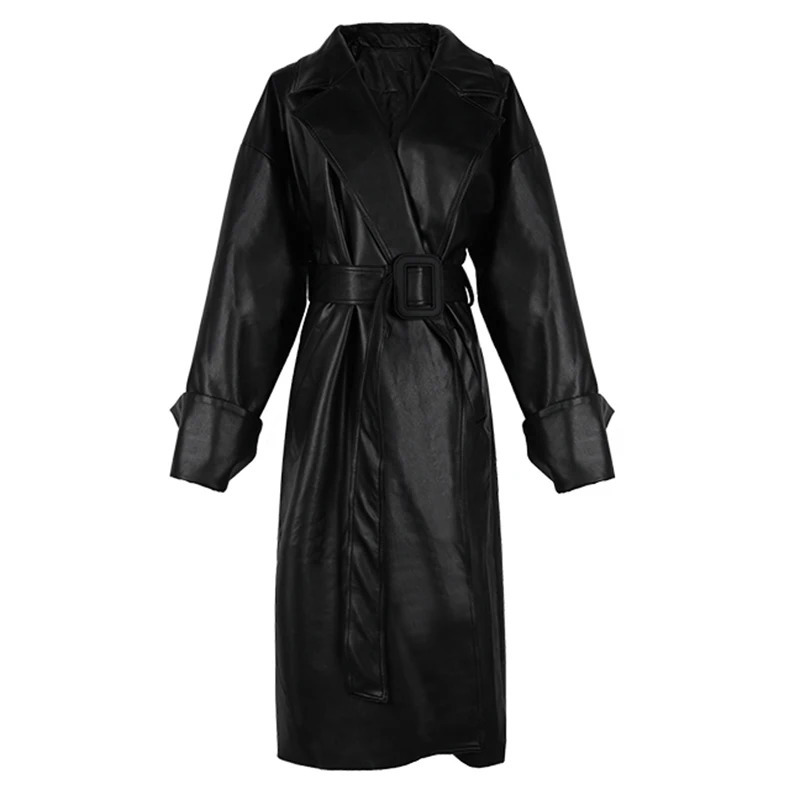 Lautaro Long oversized leather trench coat for women long sleeve lapel loose fit Fall Stylish black clothing streetwear 250103