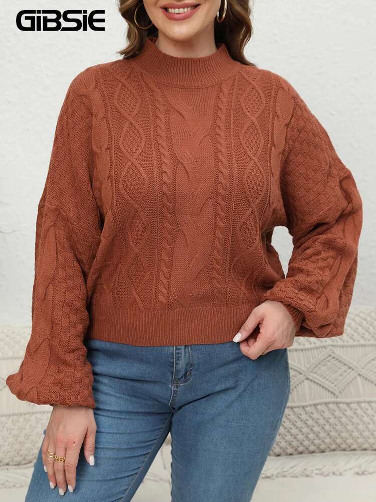 GIBSIE Plus Size Womens Short Sweaters Autumn Winter 2023 Causal Mock Neck Lantern Long Sleeve Pullover Knitted Sweater Tops