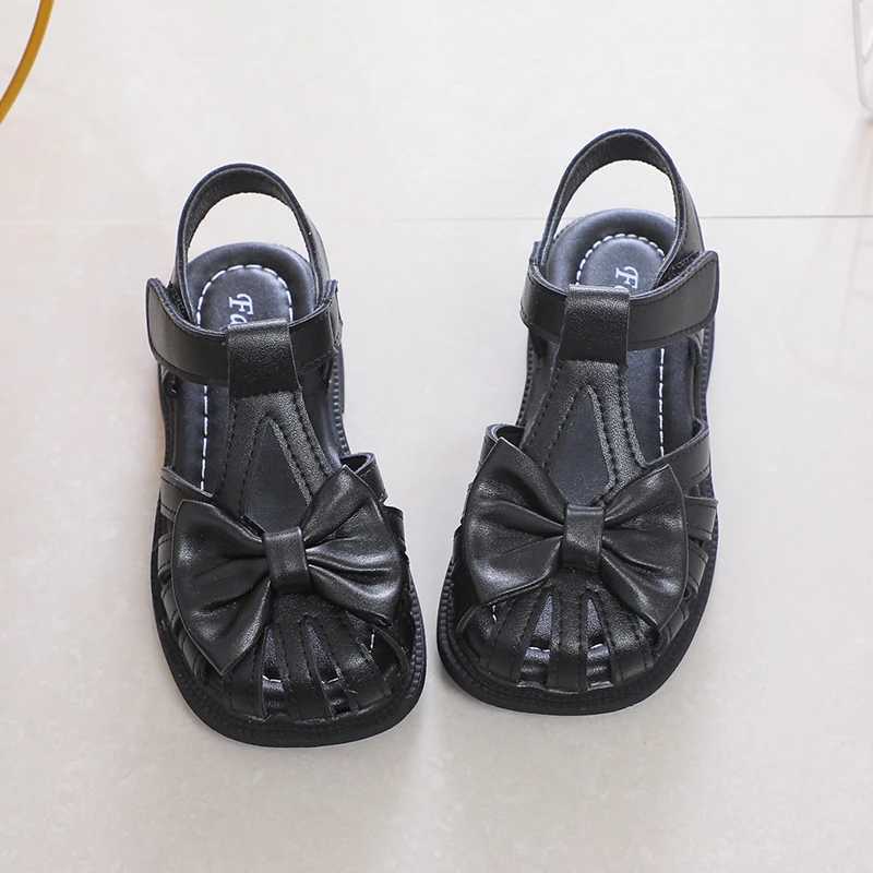 Cute girl sandals bow peeking toe 2024 new soft hook and loop beige childrens princess shoes casual shoes PU cute childrens shoes anti slip W250108