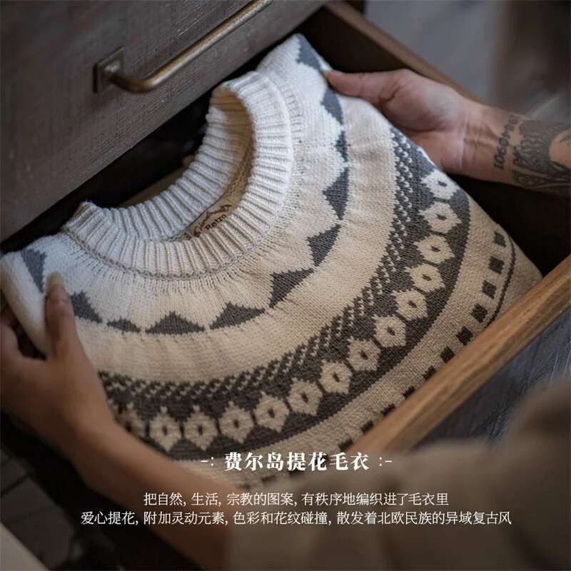Maden Women Black Fair Isle Knitting Sweater Autumn Winter Long Sleeve Round-Neck Warm Bottoming Shirt Stretch Pullover Jumpers
