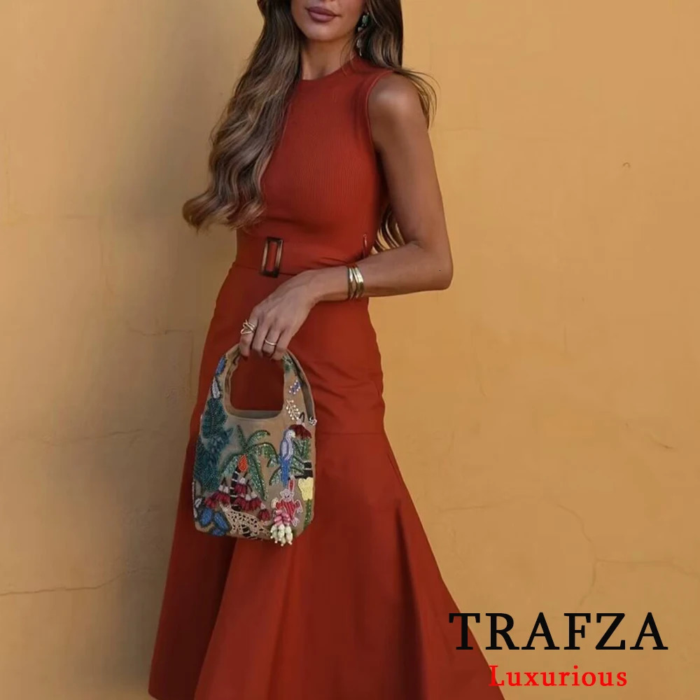 TRAFZA Elegant Solid Knitted Patchwork Midi Dress Women O Neck Sleeveless Belted Dresses Chic Lady Party 250106