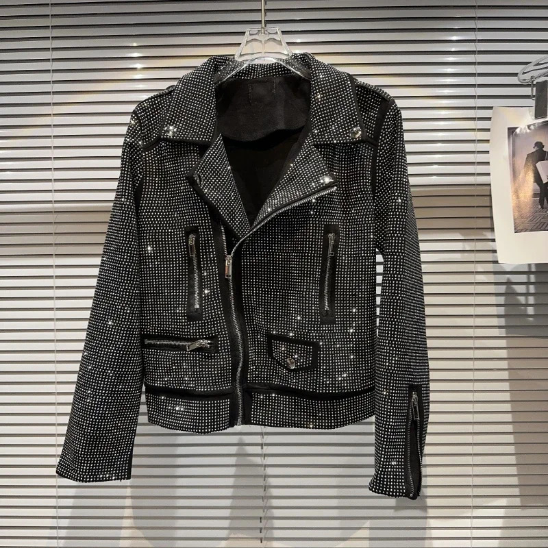 Autumn Shiny Oblique Zipper Full Diamonds Locomotive Bomber Jacket Turn Down Collar Sequined Coat Rhinestones Streetwear Tops 250109