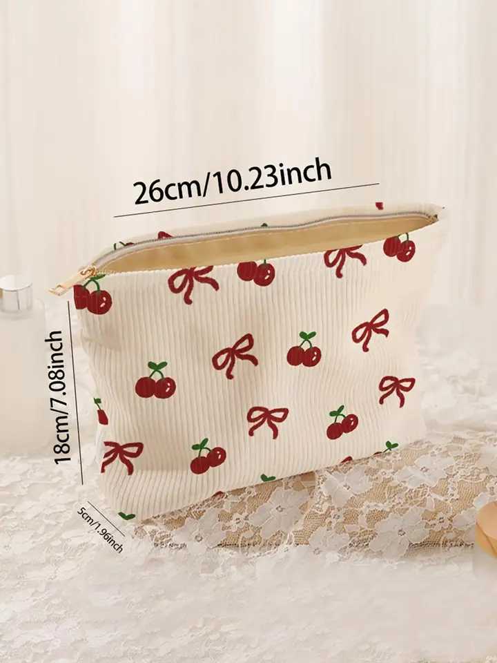 1 piece Corduroy zipper makeup bag with pink butterfly pattern lightweight multifunctional makeup storage bag W250109