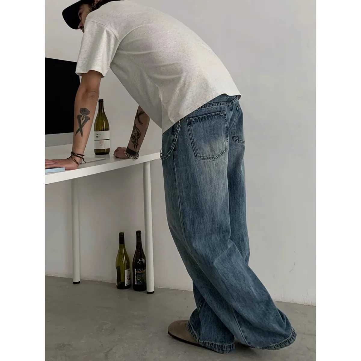Mens jeans denim wide leg pants floor length pants spliced high waist loose casual straight pockets button pockets autumn and winter M250109