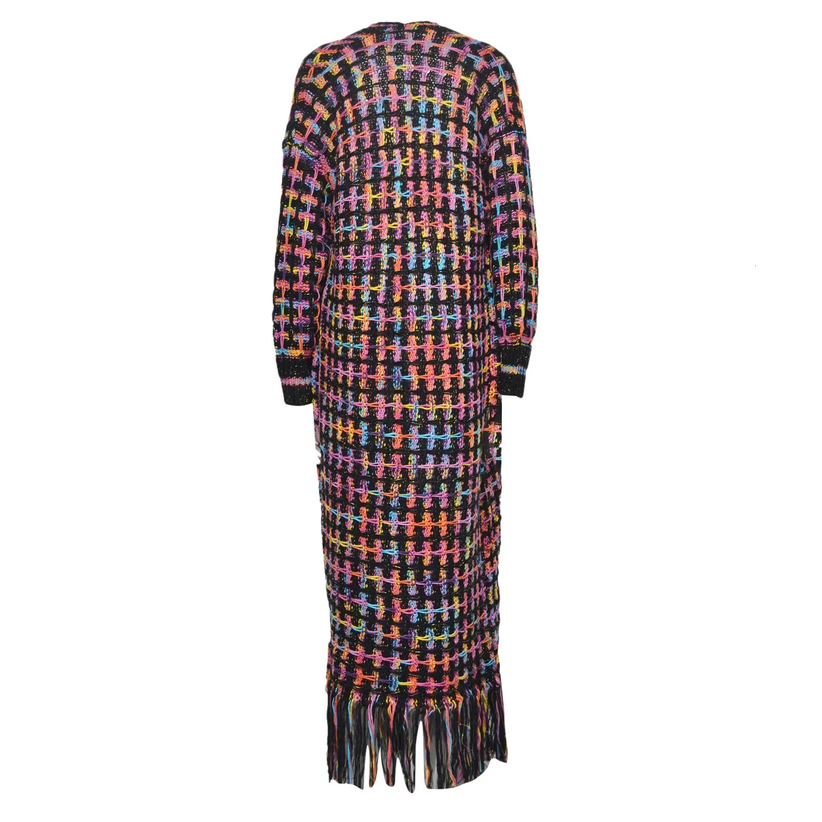 Women Colorful Cardigan Long Sleeve Knitted Open Front Loose Warm Sweater Coat with Tassel Floor Length Autumn Winter Jackets 250106