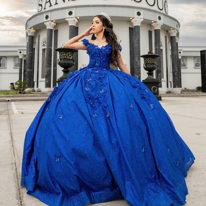 Royal Blue Quinceanera Dresses Ball Gown Off The Shoulder Applique Flower Beading Tull Party Birthday Sweet 16 Dress Vestidos 15 De Anos